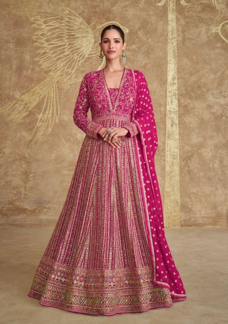 pink Zari Work Georgette Anarkali With Dupatta - Indya