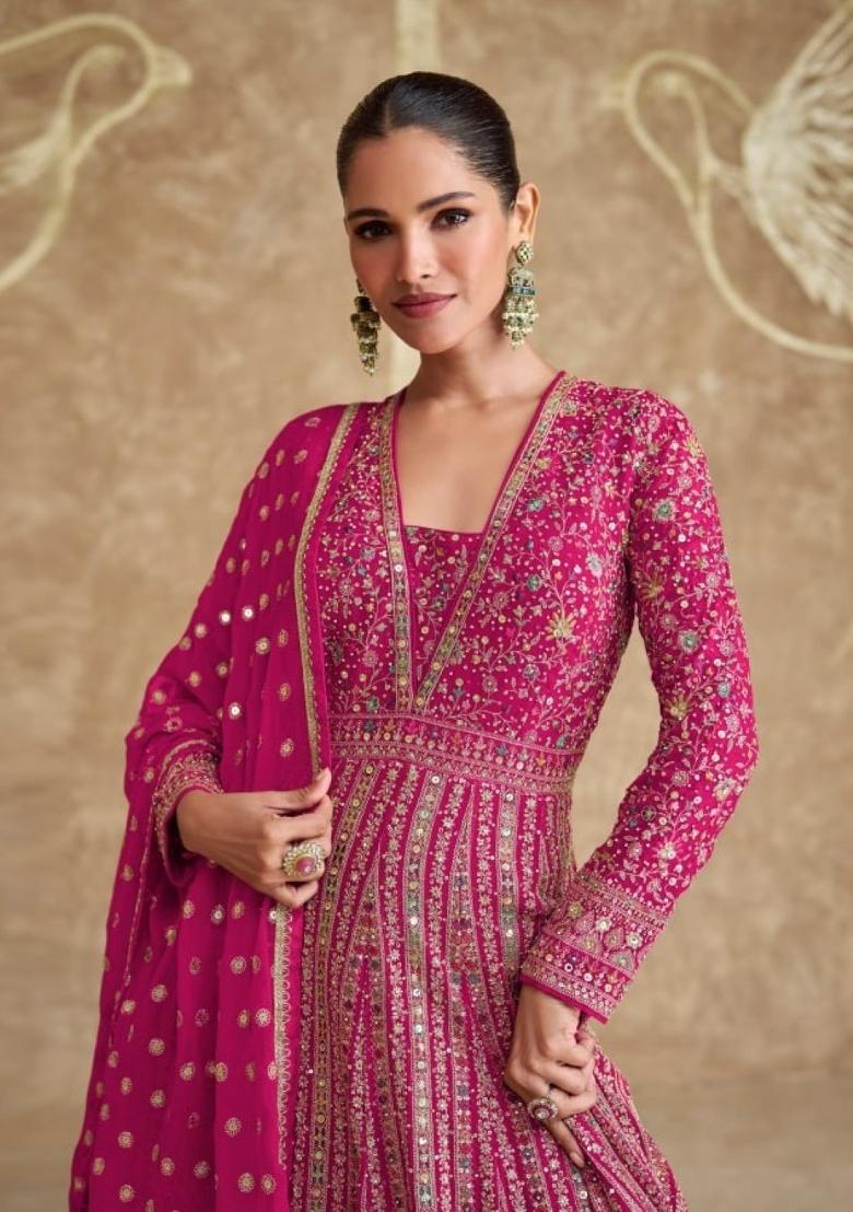 pink Zari Work Georgette Anarkali With Dupatta - Indya