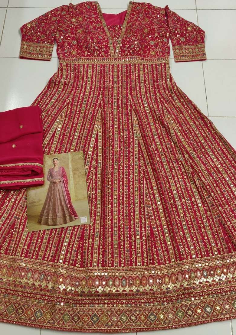 pink Zari Work Georgette Anarkali With Dupatta - Indya