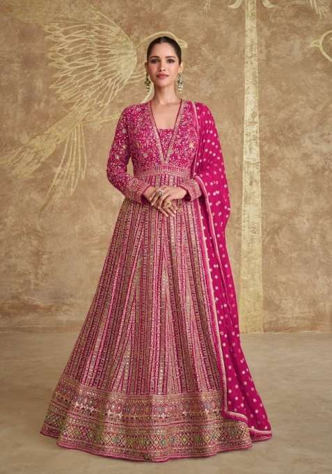 pink Zari Work Georgette Anarkali With Dupatta