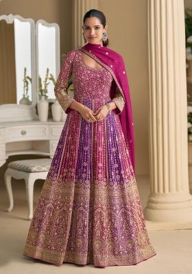 rani pink Zari Work Georgette Anarkali With Dupatta