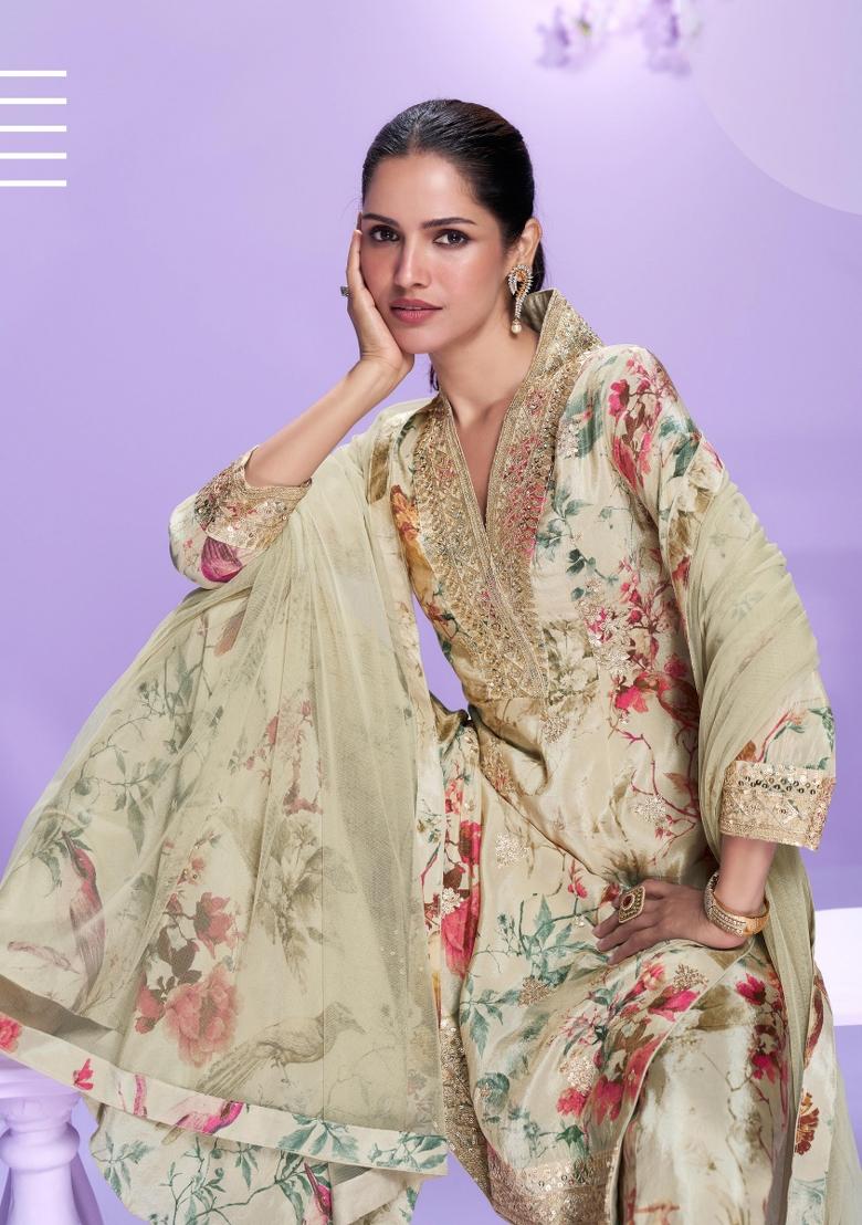 multicolor Zari Work Silk Blend Salwar Kameez - Indya
