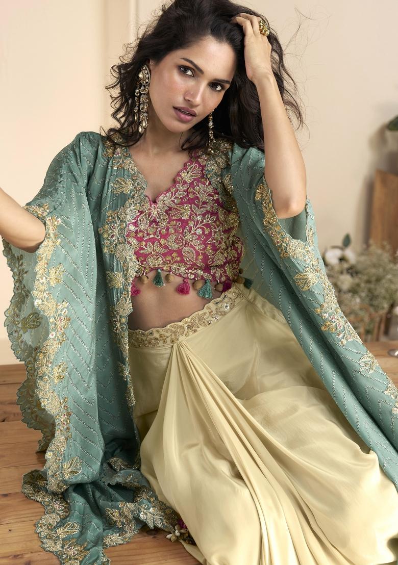 maroon Zari Work Silk Indo Western Set - Indya