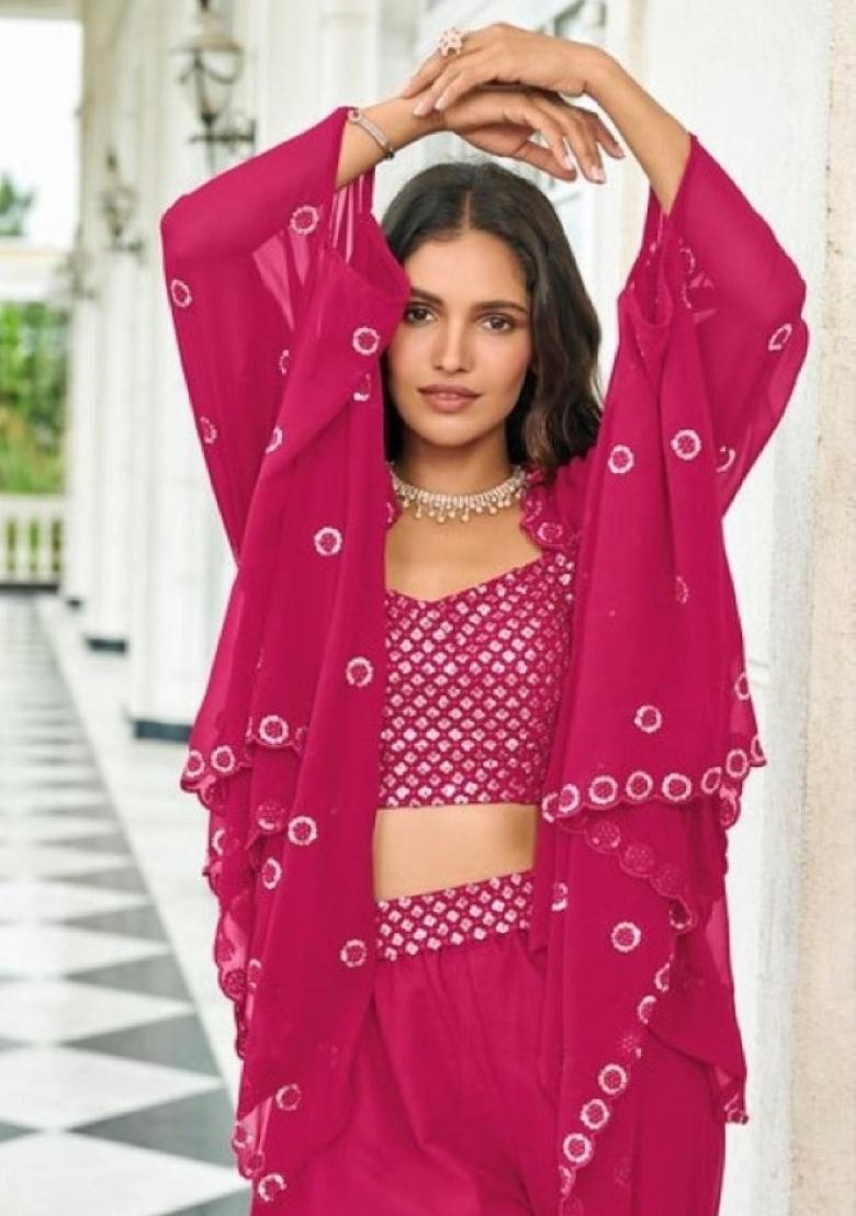magenta Zari Work Georgette Indo Western Set - Indya