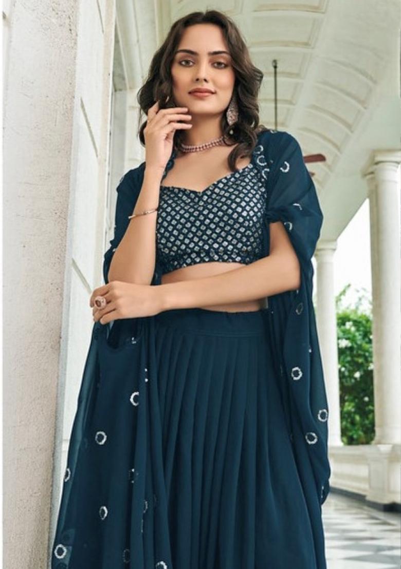 teal green Zari Work Georgette Indo Western Set - Indya