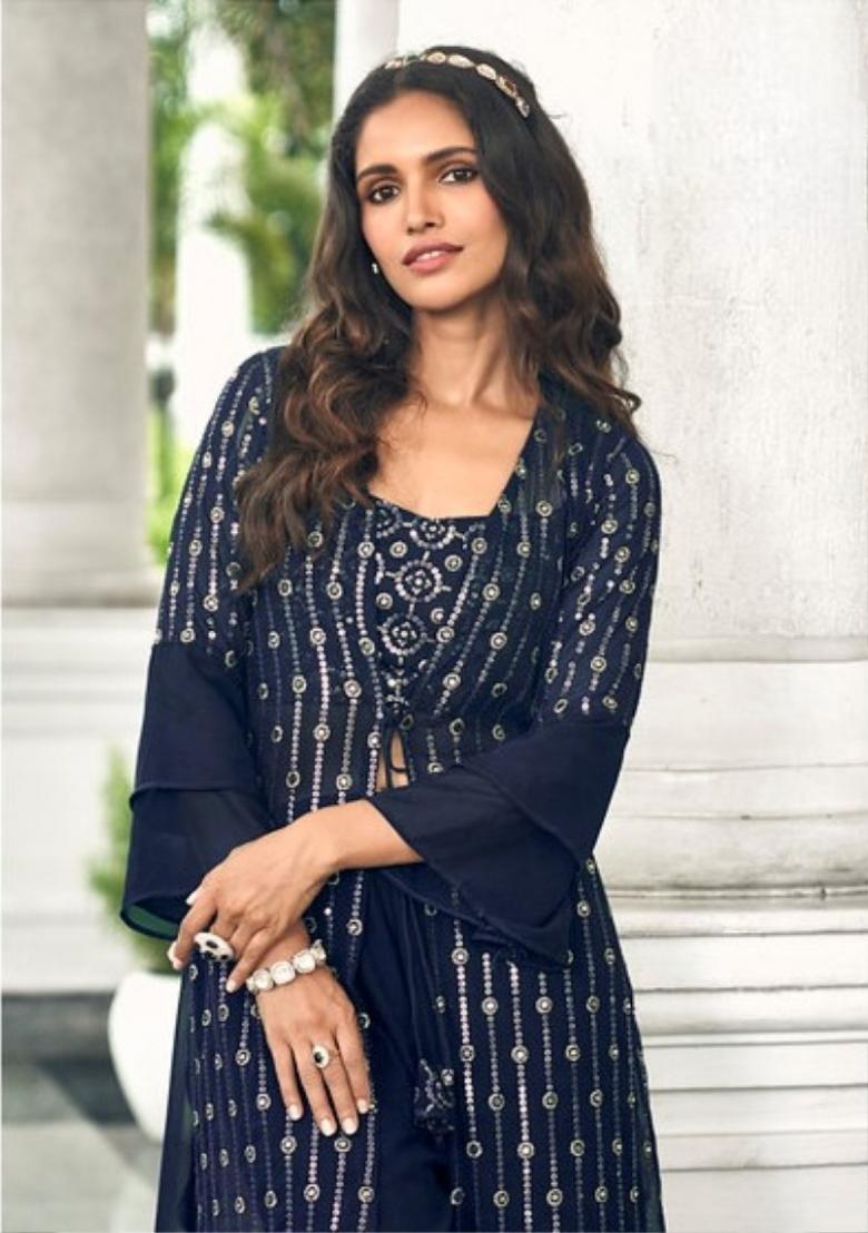 navy blue Zari Work Georgette Indo Western Set - Indya