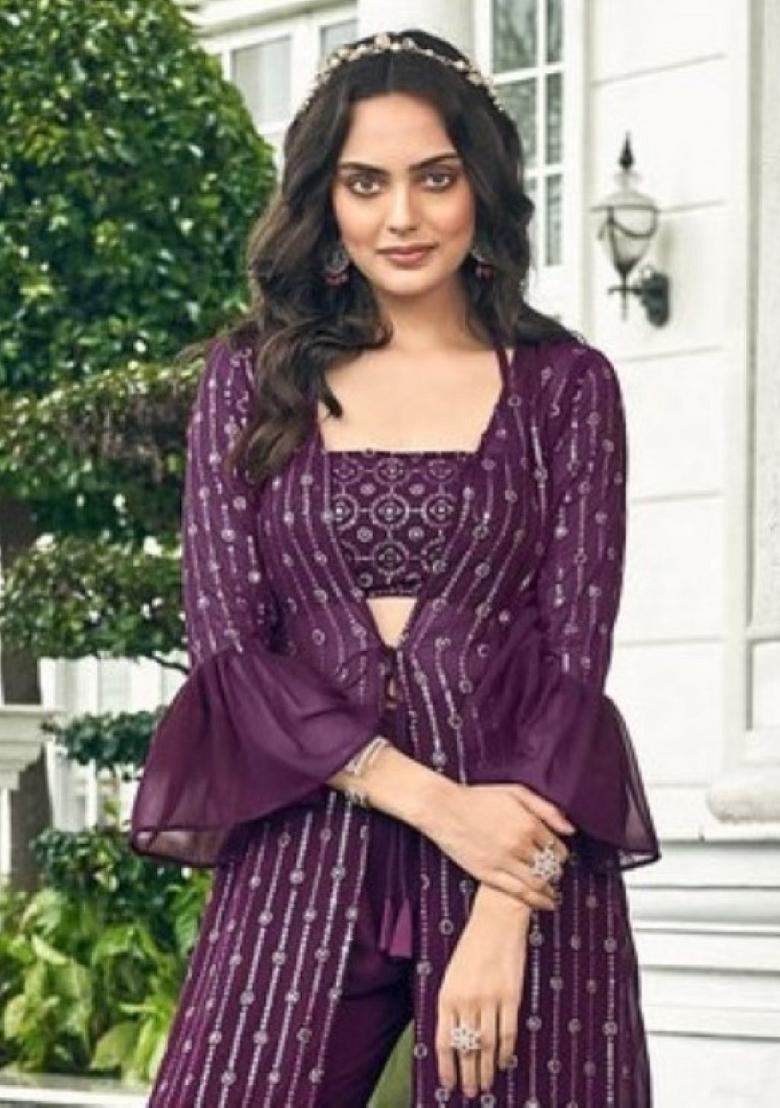 purple Zari Work Georgette Indo Western Set - Indya