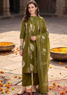 Olive Solid Cotton Kurta Set