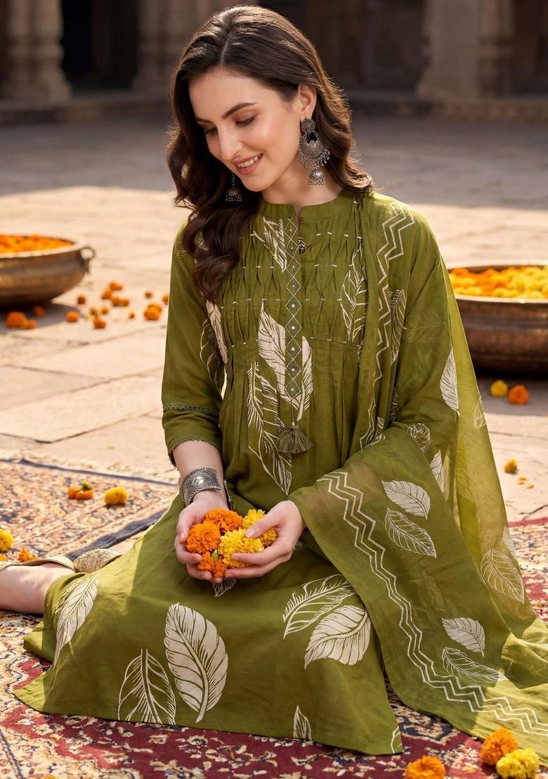 Olive Solid Cotton Kurta Set - Indya