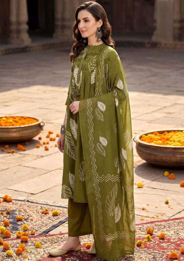 Olive Solid Cotton Kurta Set - Indya