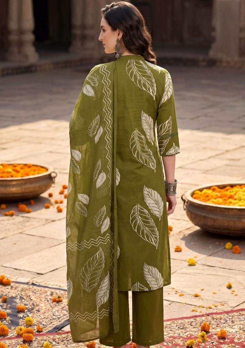 Olive Solid Cotton Kurta Set - Indya