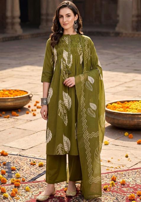 Olive Solid Cotton Kurta Set