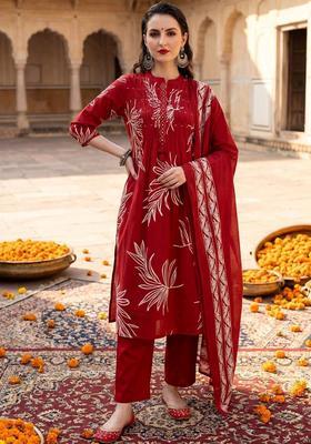 Red Solid Cotton Kurta Set