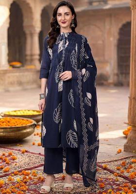 Navy Blue Solid Cotton Kurta Set