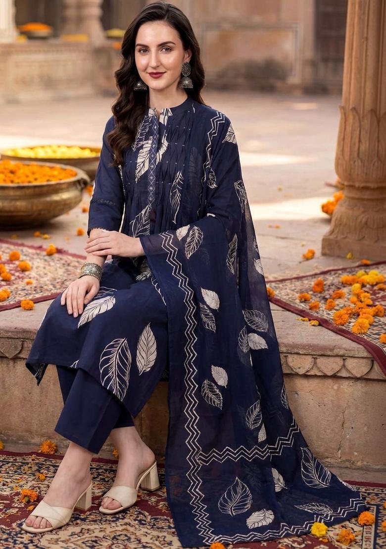 Navy Blue Solid Cotton Kurta Set - Indya
