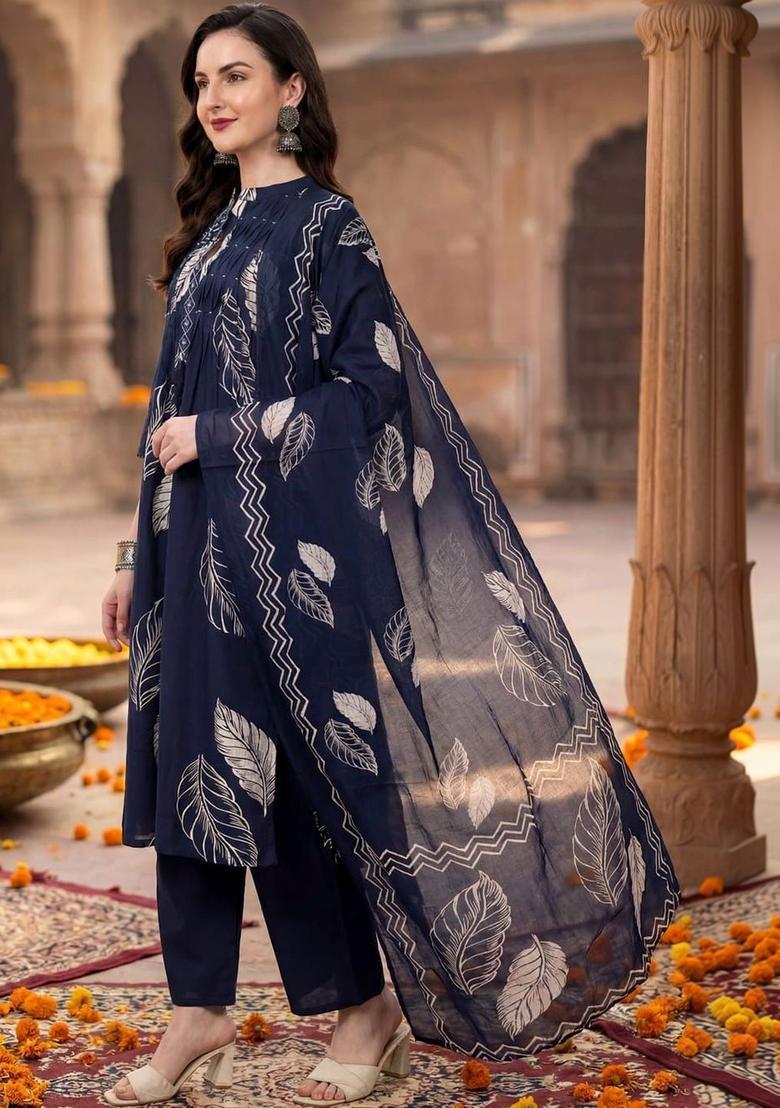 Navy Blue Solid Cotton Kurta Set - Indya