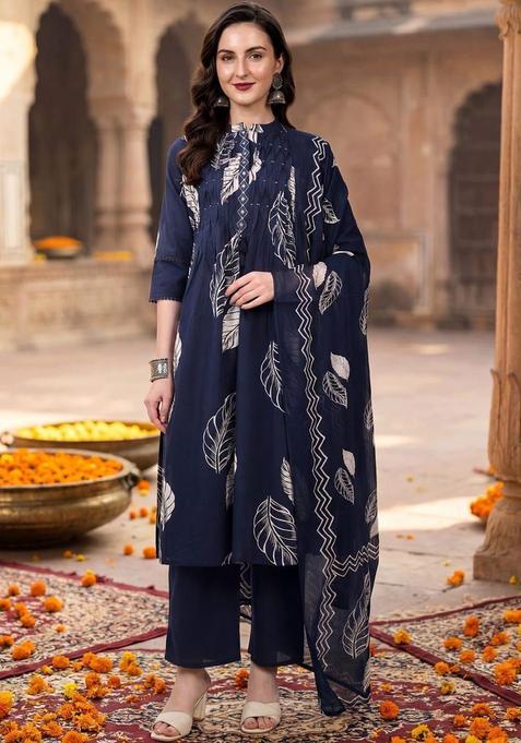 Navy Blue Solid Cotton Kurta Set