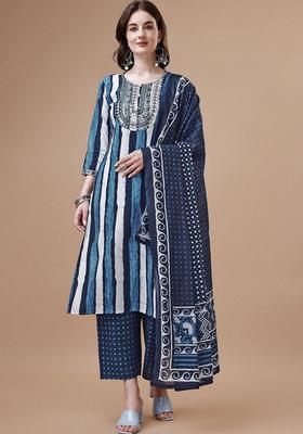Blue Printed Cotton Kurta Set