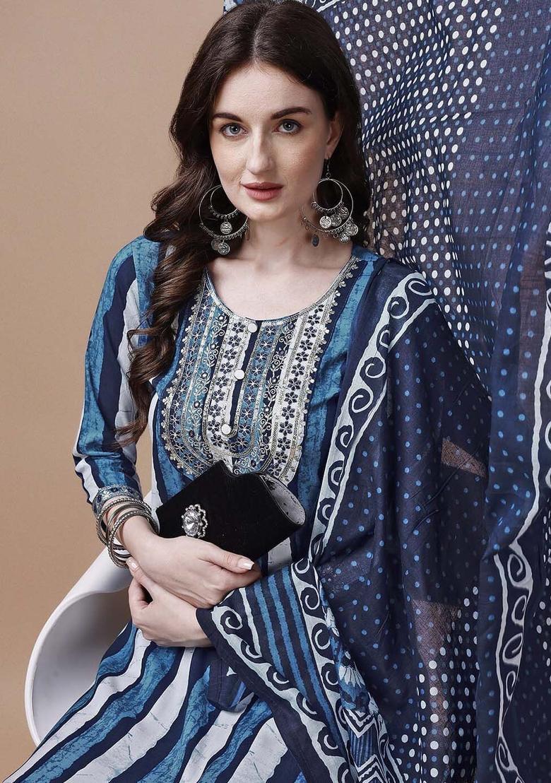 Blue Printed Cotton Kurta Set - Indya