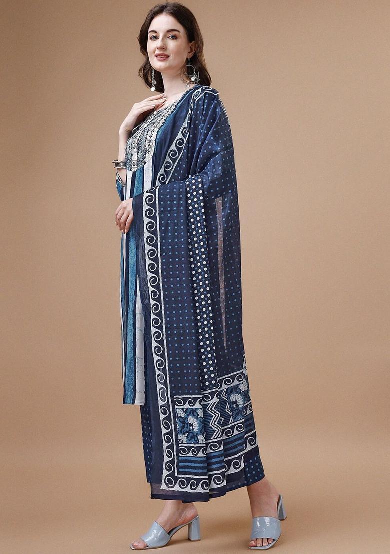 Blue Printed Cotton Kurta Set - Indya