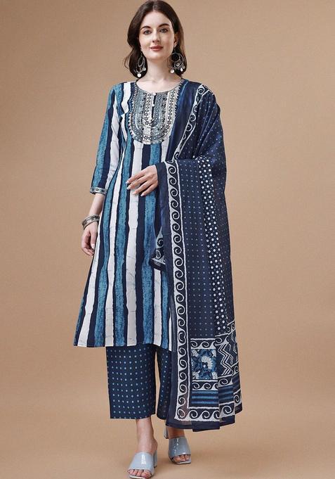 Blue Printed Cotton Kurta Set