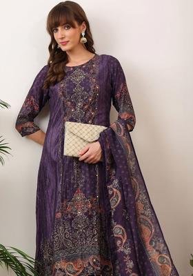 Purple Printed Silk Blend Kurta Set
