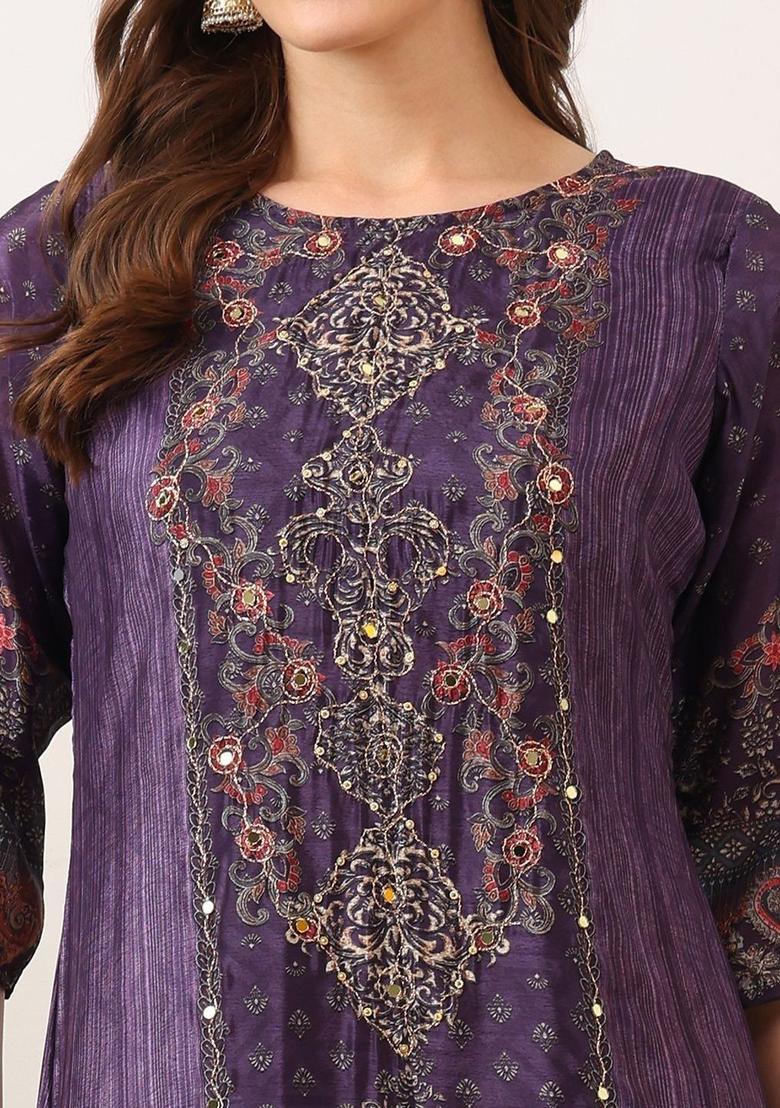 Purple Printed Silk Blend Kurta Set - Indya