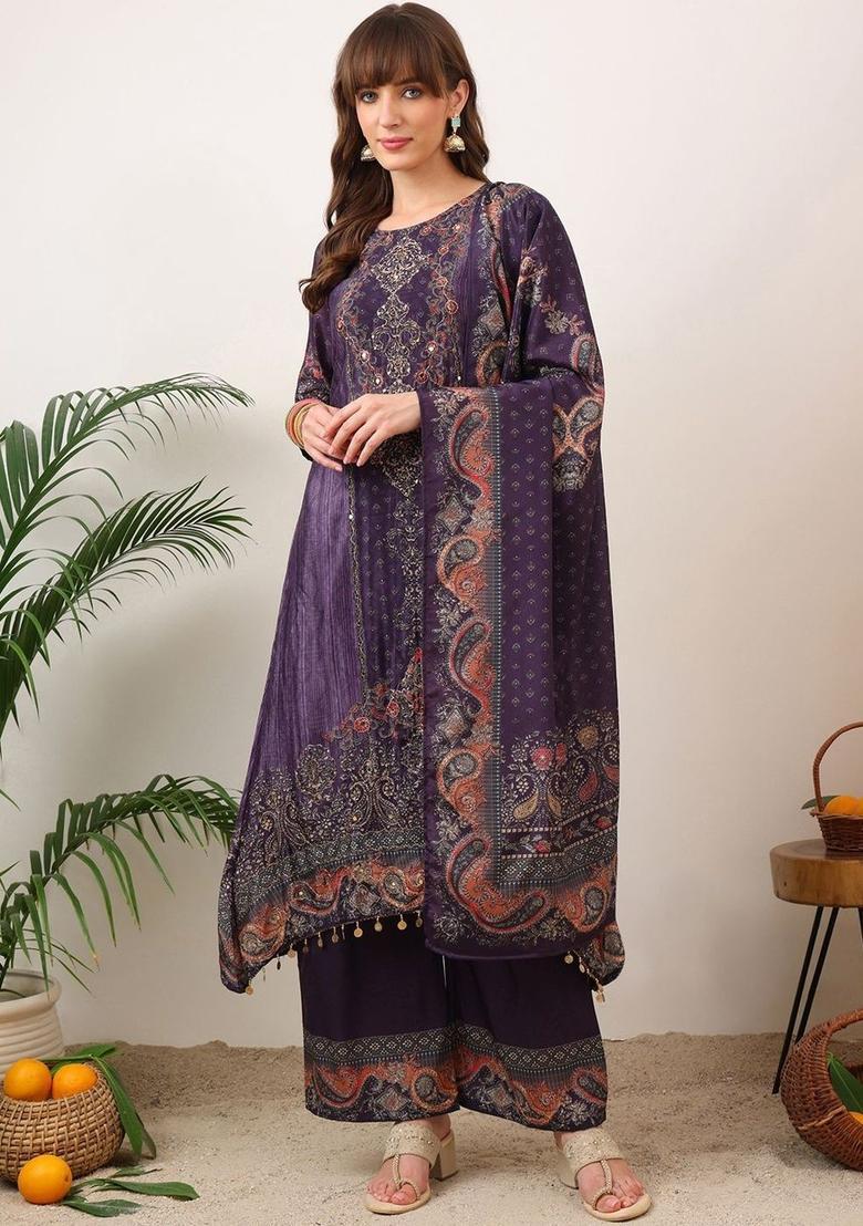 Purple Printed Silk Blend Kurta Set - Indya