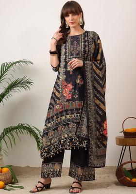 Black Printed Silk Blend Kurta Set