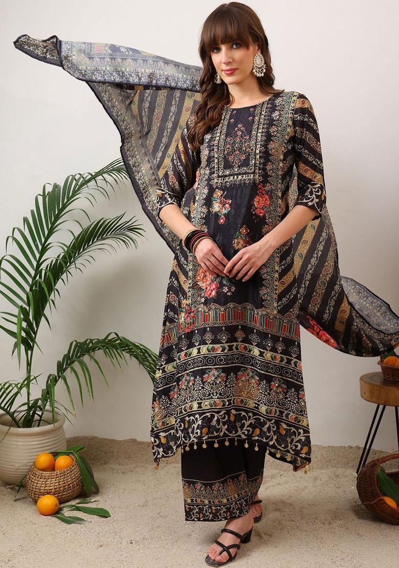 Black Printed Silk Blend Kurta Set - Indya