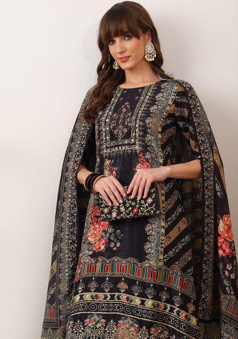 Black Printed Silk Blend Kurta Set - Indya