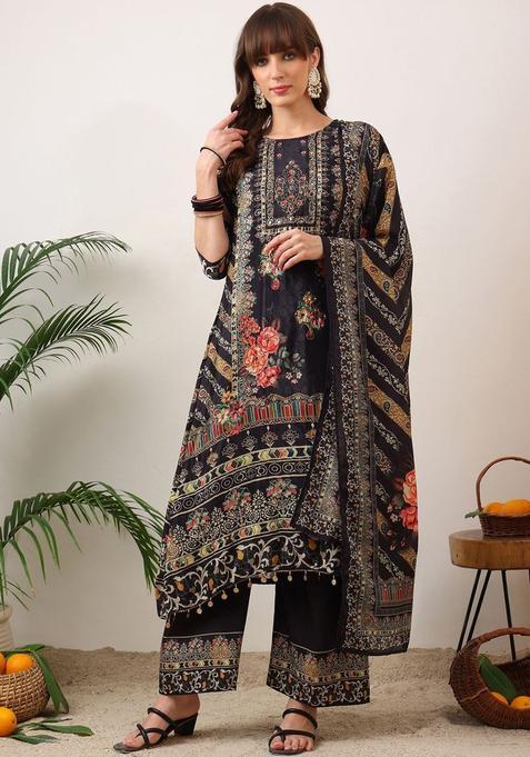 Black Printed Silk Blend Kurta Set