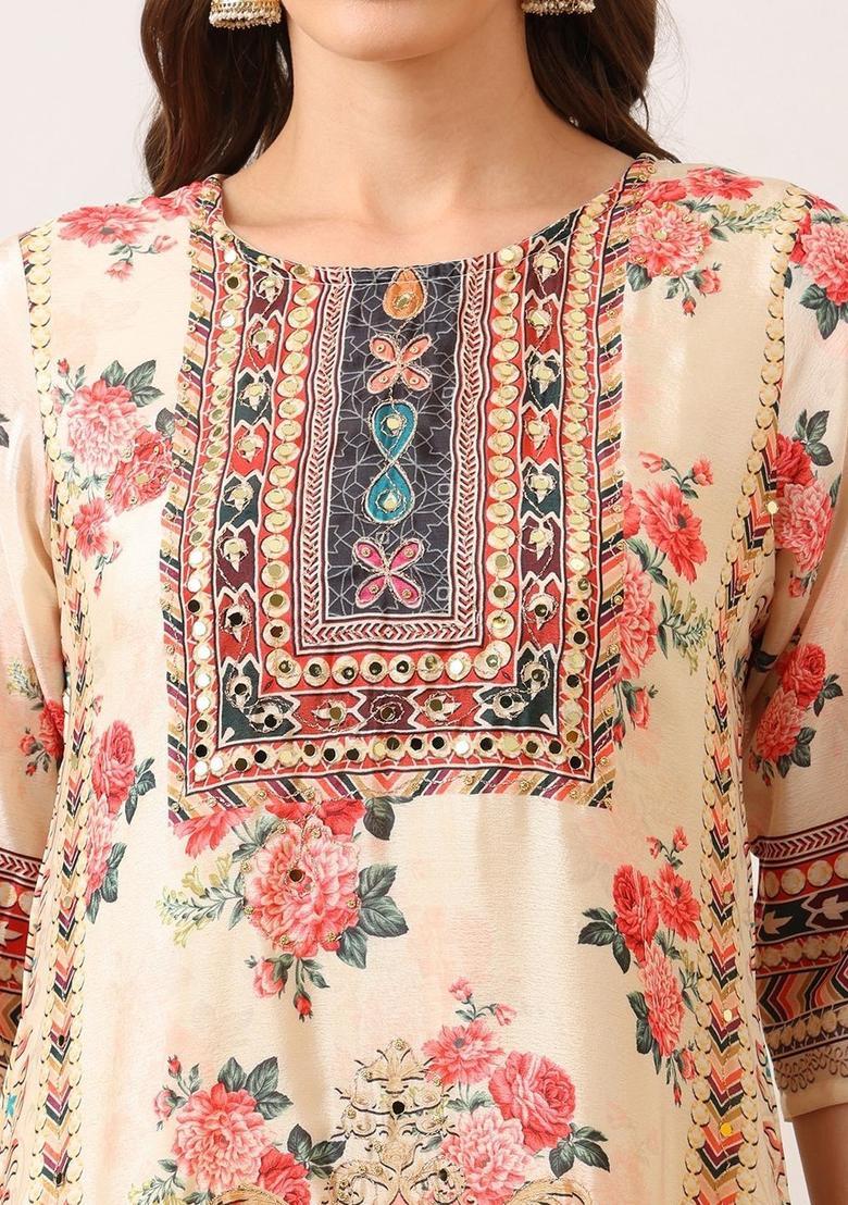 Cream Printed Silk Blend Kurta Set - Indya