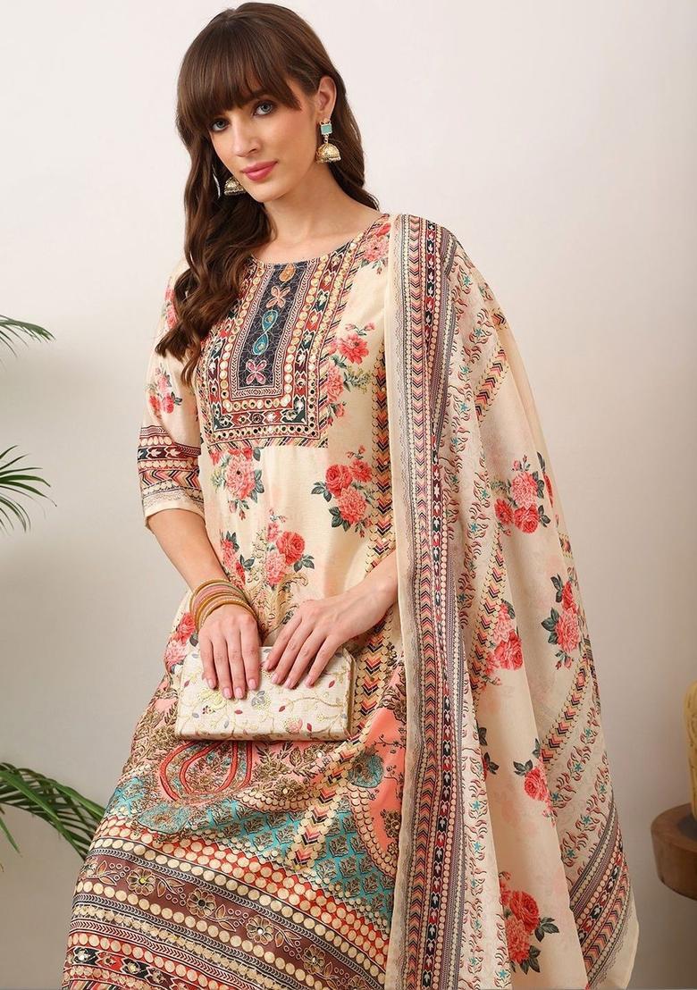 Cream Printed Silk Blend Kurta Set - Indya