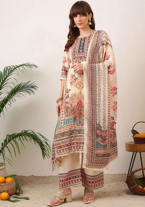 Cream Printed Silk Blend Kurta Set