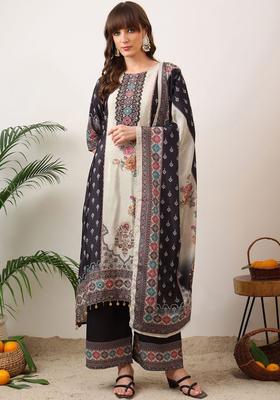 Navy Blue Printed Silk Blend Kurta Set