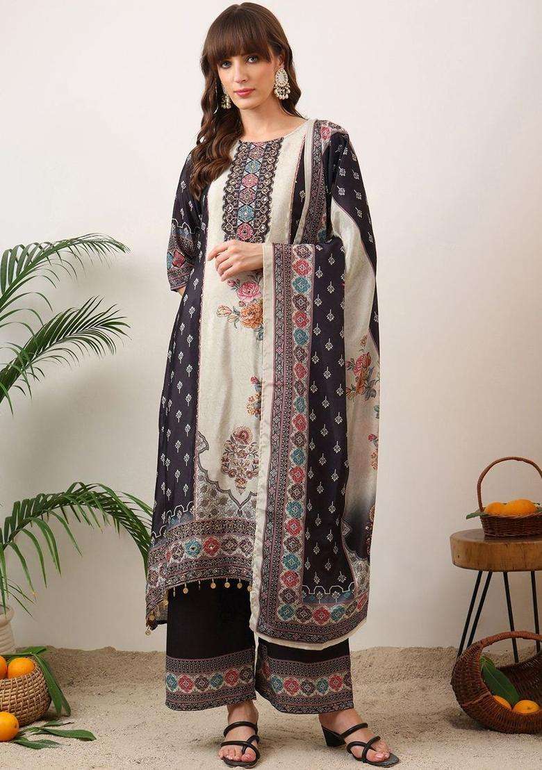 Navy Blue Printed Silk Blend Kurta Set - Indya