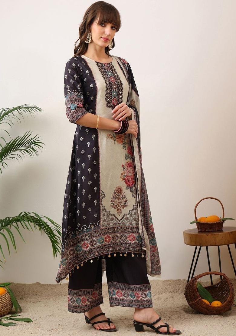 Navy Blue Printed Silk Blend Kurta Set - Indya