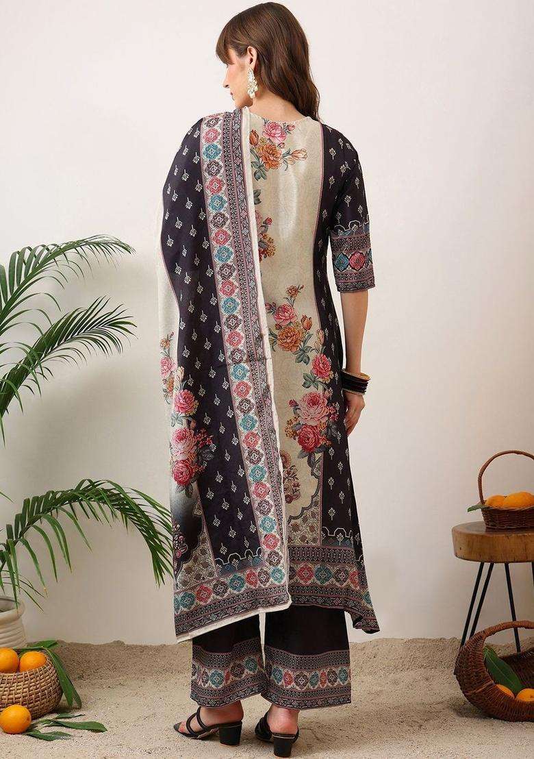 Navy Blue Printed Silk Blend Kurta Set - Indya