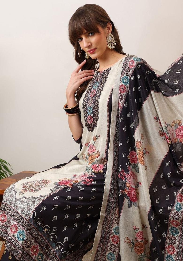 Navy Blue Printed Silk Blend Kurta Set - Indya