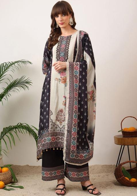 Navy Blue Printed Silk Blend Kurta Set