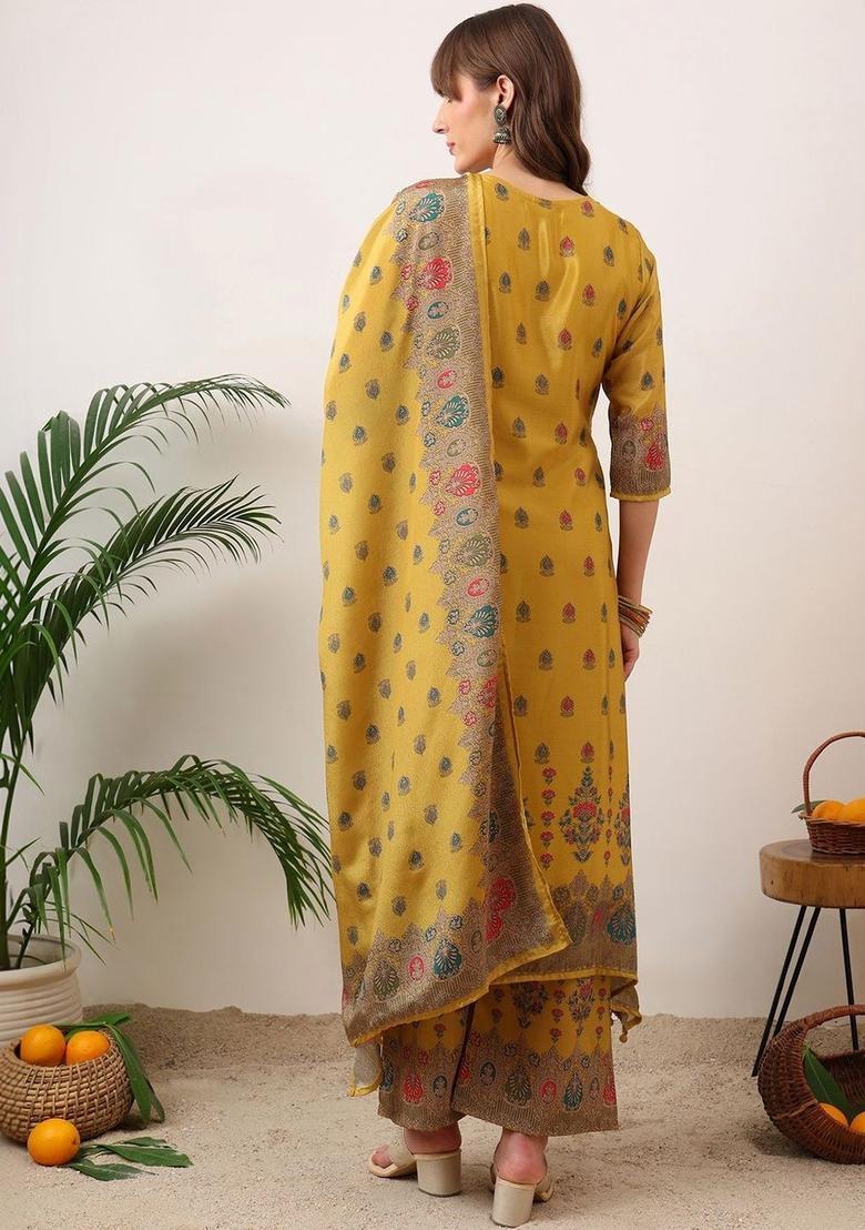 Yellow Printed Silk Blend Kurta Set - Indya