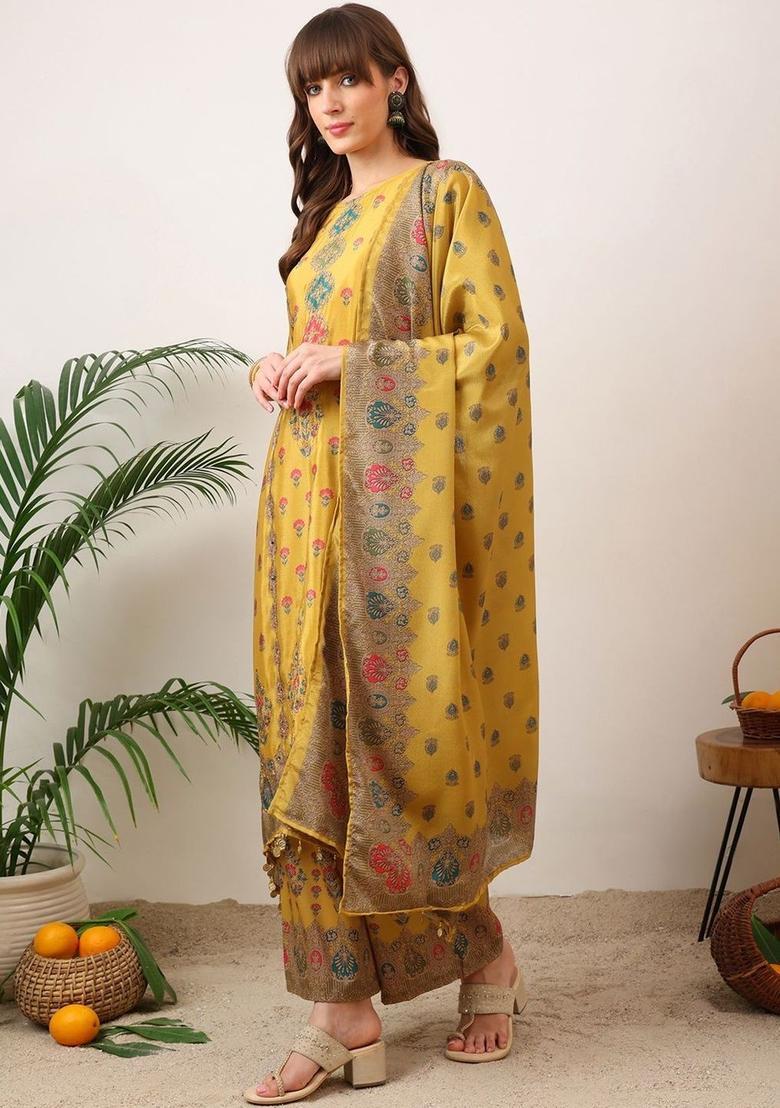 Yellow Printed Silk Blend Kurta Set - Indya