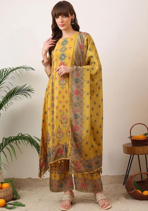 Yellow Printed Silk Blend Kurta Set