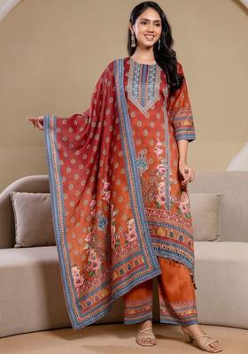 Red Printed Silk Blend Kurta Set