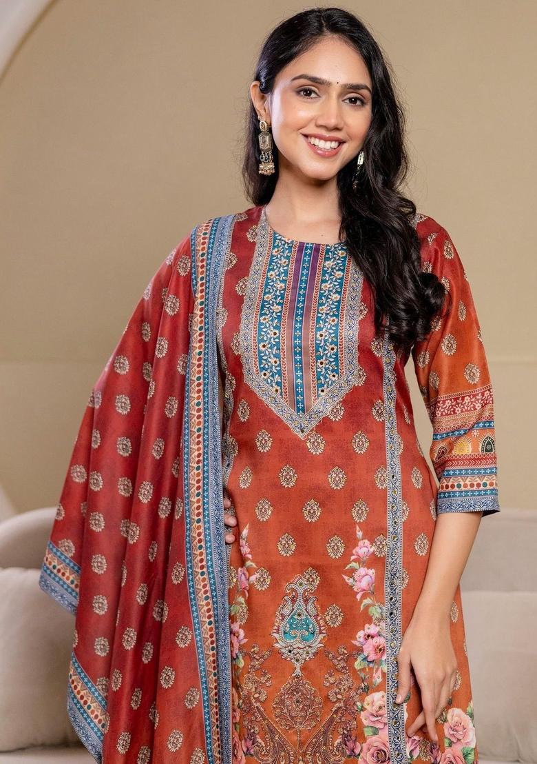 Red Printed Silk Blend Kurta Set - Indya