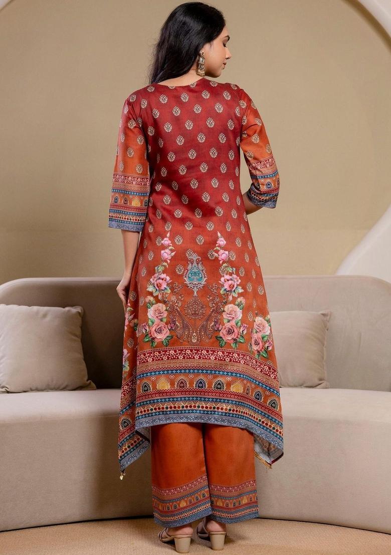 Red Printed Silk Blend Kurta Set - Indya
