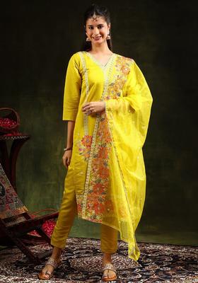 Yellow Embroidered Cotton Blend Kurta Set