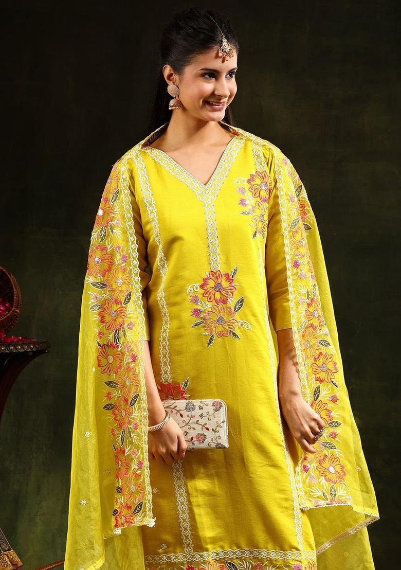 Yellow Embroidered Cotton Blend Kurta Set - Indya