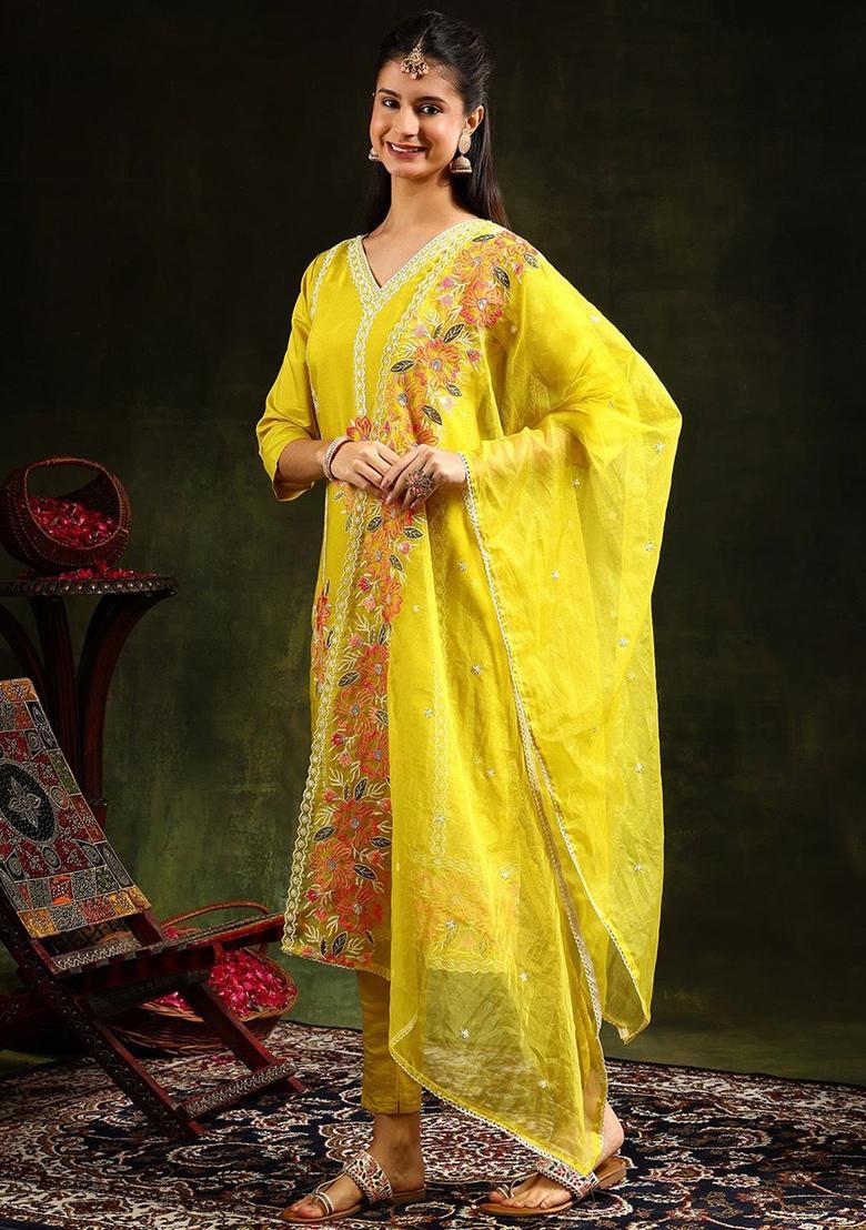 Yellow Embroidered Cotton Blend Kurta Set - Indya